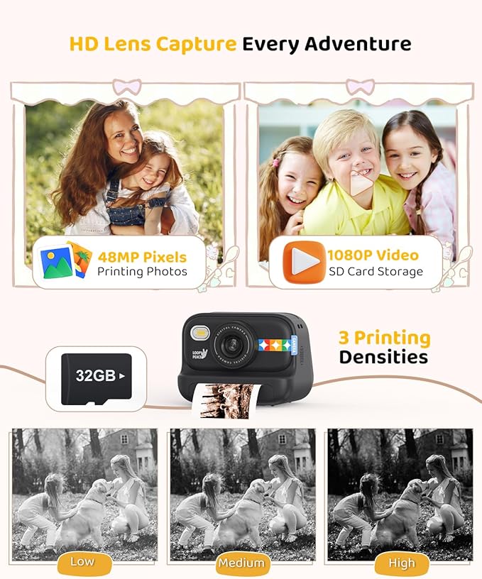 Kids Color Instant Print Camera – Kids Camera with 5 Color Photo Paper, 48MP & 1080P Video, 21 Fun Frames, 32G Card, Christmas/Birthday Gifts for Girls and Boys Ages 3 4 5 6 7 8 9 10 11 12 - Black