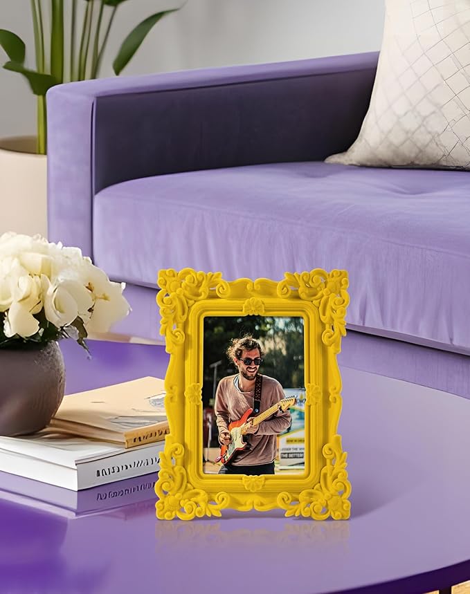 Picture Frames 4x6 for Drawings Prints, Small Colorful Decorative Frame with Real Glass/Stand, Rococo Ornate Memorial Frame Gift for Wedding Baby Shower Retirement (Yellow)