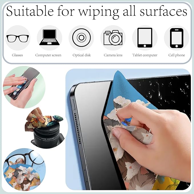 CREATCABIN 6 Pcs Cute Cat Microfiber Glasses Cleaning Cloth Reusable Thicken Sunglasses Cloth Soft Multicolor Eyeglasses Cleaner Wipes Washable for Camera Cell Phone Screens Glasses Gift 6x6in