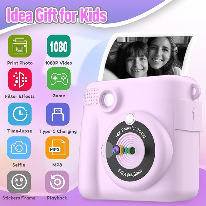 Instant Print Camera for Kids, Christmas Birthday Gifts for Girls Boys Age 3-12,Kids Digital Cameras for Toddler, Portable Toy for 3 4 5 6 7 8 9 10 Year Old Girl with 32GB SD Card-Purple