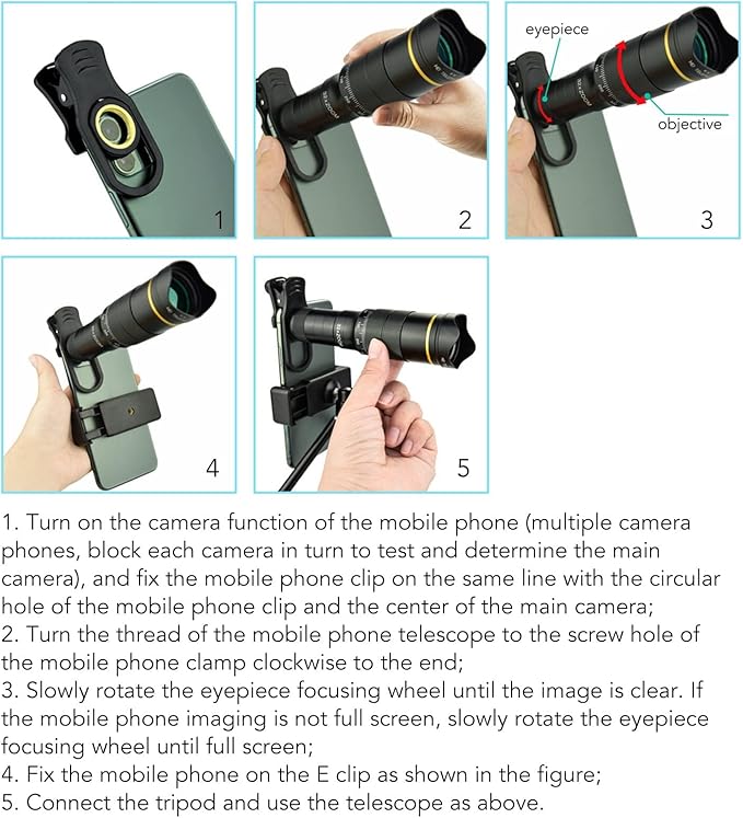 Cyrank Cell Phone Camera Lens Kit, Universal 32x Telephoto Lens, Portable 32X Mobile Phone Zoom Lens Clip On Double Adjustment HD Mobile Phone Telescope Len for Most Smartphone (Black)