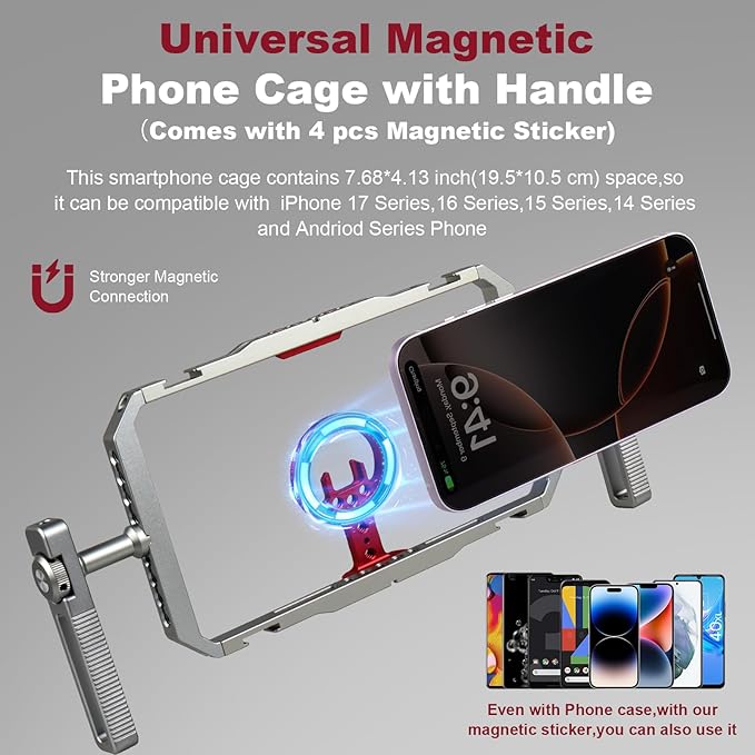 Magnetic Phone Cage with Handle,Smartphone Cage Kit with 360° Rotation Handgrip and Magnetic Sticker for Photography,Compatible with iPhone 17/16/15/14/13 Series and Andriod Phones (Silver+Red)