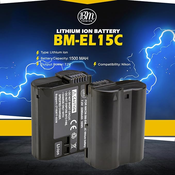 BM Premium EN-EL15C High Capacity Battery and Charger for Nikon Zf, ZR, Z5, Z5 II, Z6, Z6 II, Z6 III, Z7, Z7II, Z8, D500, D600, D610, D750, D780, D800, D810, D850, D7000, D7100, D7200, D7500 Cameras