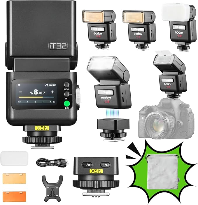 GODOX iT32 TTL Camera Flash with X5N Wireless Trigger for Nikon Camera,Magnetic Hotshoe & Trigger 2-in-1,Compatible with Nikon D750,D850,D7500,D800,D810,D780,D500,D7100,Z6,Z7II,Z8,ZFC