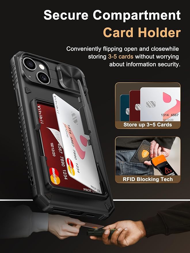 Vihibii for iPhone 15 Plus/iPhone 14 Plus Case with Card Holder (4 Cards) [RFID Blocking] & Slide Camera Cover, Military Grade Drop Protection, Rugged Hard Back & Silicone Edge Wallet Case, Black