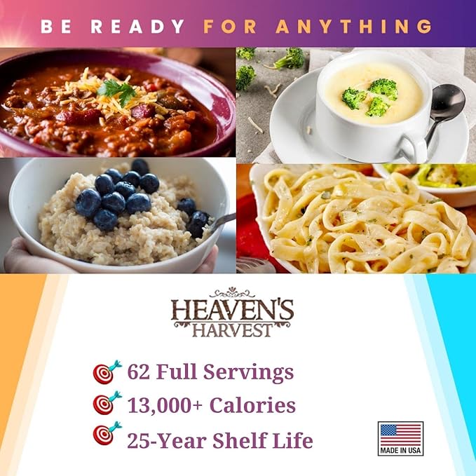 Heaven’s Harvest 25-Year Organic Family Food Kit — Emergency Food Supply. Freeze Dried Survival Food Kit + Water-Proof 25-Year Storage Bucket. MRE Meals, Non-Perishable Camping Food (62 Servings)