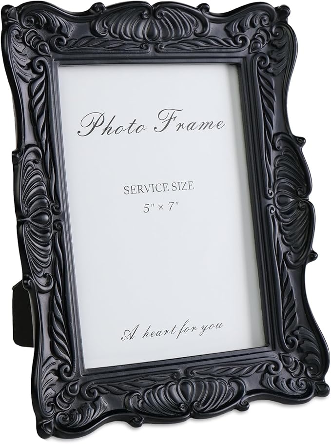 Cuspin 5x7 Black Picture Frame, Vintage Photo Frame Retro Gothic Home Decor Decorative Hand-Carved Resin with Detailed Design for Tabletop Display or Wall Hanging