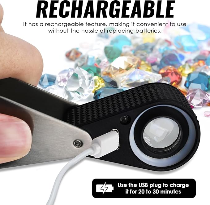 30x Jewelers Loupe Magnifier with UV & LED Lights, 22mm Triplet Lens Rechargeable Jewelers Loupe Foldable Jewelry Magnifier Portable Jewelry Magnifier Inspection Loupe for Gems, Jewelry, Coins, Rocks