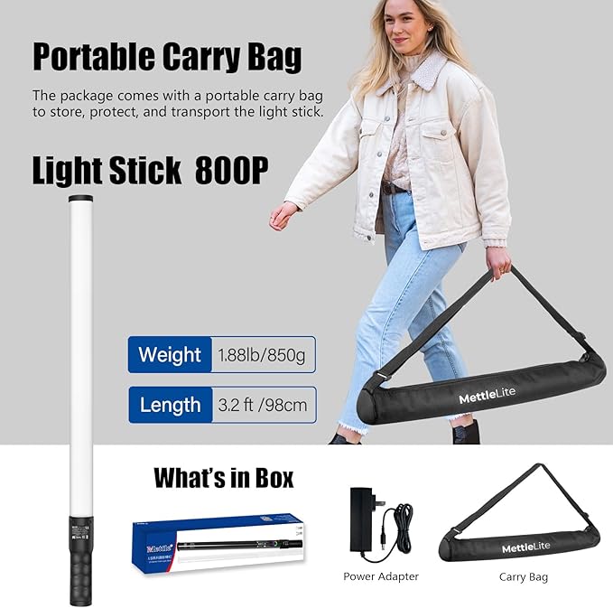 Mettlelite LS800P RGB Pixel LED Light Stick, Handheld Full Color RGBWW Continuous Output 3.2 ft with APP Control, 2800K-8000K, Customizable Pixel Light Effect, CRI97+ TLCI98+ Rechargeable Video Light