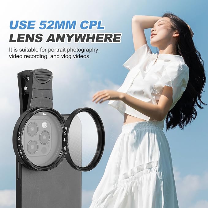 PATIKIL 52mm Phone Camera Lens, Clip-On 8 Point Star Filter Circular Polarizing Lens for Most Smart Phones and DSLR Cameras, Black