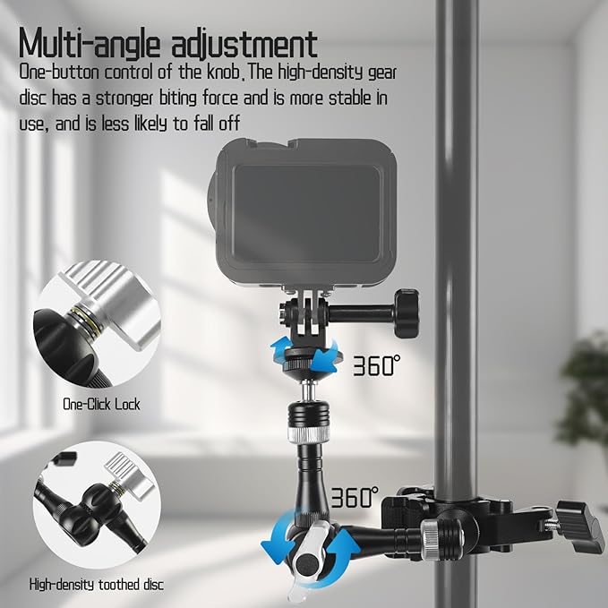 FIFIELD CNC Machined 7" Articulating Magic Arm Clamp Mount with Super Clamp, 360° Dual Ball Head & 1/4" ARRI Locating Pin&Holes, Camera Monitor Mount for Camera, Phone, LED Light, Phone,7" w/Clamp