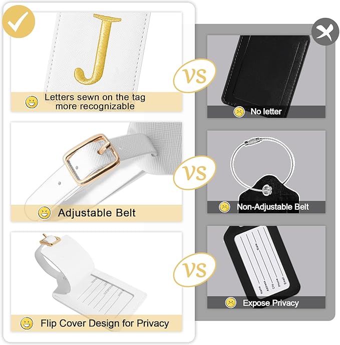 Personalized Initial Luggage Tags for Suitcases, Cute PU Leather Embroidered Letter Travel Luggage Tags, Suitcase Identifier Name Baggage Tag, Bag Tags for Men Women Kids Luggage Handbags(White J)