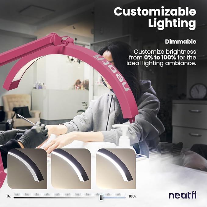 Neatfi Half Moon Swing Arm Table Lamp, 2500 Lumens, CCT Dimming, 5 Light Modes, Professional LED Lighting for Estheticians, Ideal for Nail Art, Facials, and Tattoos (with Base and Clamp, Pink)