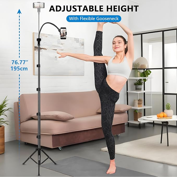 61" Phone Tripod Stand with 15.7" Flexible Gooseneck and Phone Holder, Extendable Cell Phone Stand, Portable Tripod for Photography, Video Recording, Live Stream