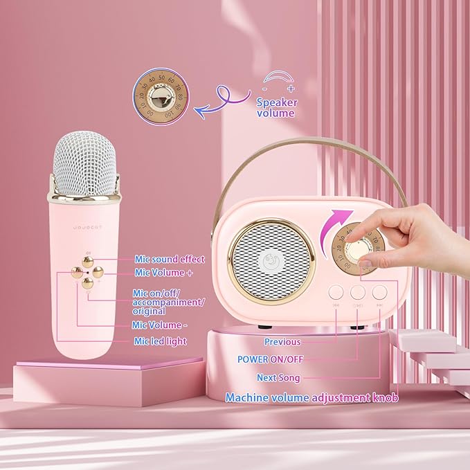 Mini Karaoke Machine for Kids,Portable Bluetooth Speaker with 2 Wireless Microphone,Toys for Girls Boys Gifts,Retro Speaker Set Stereo Sound Enhanced Bass for Home Party Birthday (Pink)