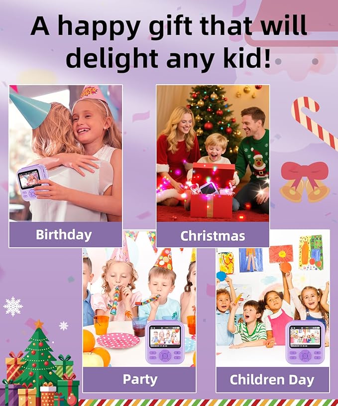Kids Camera Instant Print for Boys and Girls, 48MP HD Cameras w/1080P Video, Print Paper, 32GB Card, Brush, Christmas Birthday Gifts Toys for Toddler and Teenagers Age 3-16 Years Old (Purple)