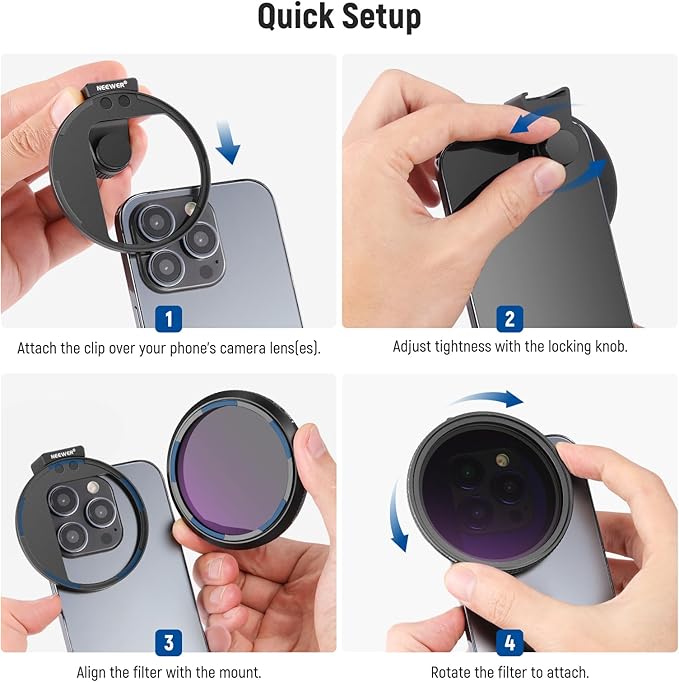 NEEWER 67mm Clip On Variable ND2-ND32 Phone Lens Filter Kit + PA009 Upgraded Phone Rig Vlogging Kit, Clip with Magnetic Adapter Ring/Cold Shoe/Locking Knob, HD Magnetic ND Filter for iPhone Samsung