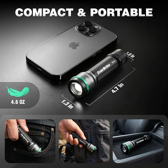 EverBrite 1000LM Small Flashlight, 5 Modes Zoomable Dual Power Flashlight, Mini Flashlights High Lumens, Rechargeable or AA Battery, Pocket Flashlight for Home, Emergency, Hiking, Camping