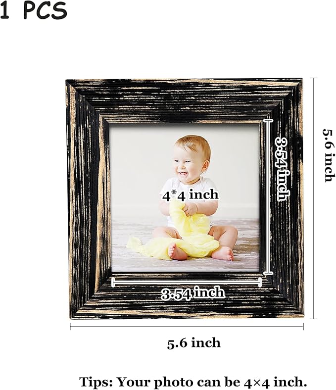 4 x 4 Picture Frames Square Wood Black Distressed Simple Striped Border Designed Wooden Photo Frame with HD Glass for Tabletop Display Wall Mount Wedding Baby Family Farmhouse Collage Home Office Decor