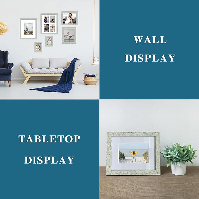 8x10 Picture Frame Set of 4, Made of Real Glass and Sage Green Wooden Frame, 8 by 10 Photo for Wall or Tabletop - Display Picture 5x7 with Mat or 8x10 Without Mat