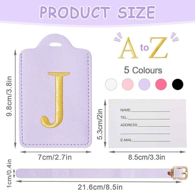 Personalized Initial Luggage Tags for Suitcases, Cute PU Leather Embroidered Letter Travel Luggage Tags, Suitcase Identifier Name Baggage Tag, Bag Tags for Men Women Kids Luggage Handbags(Purple J)