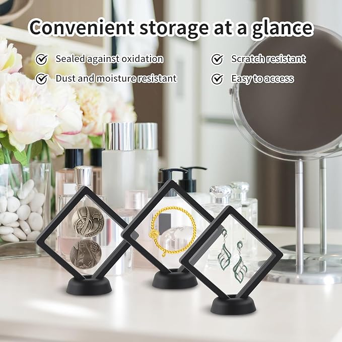 20 Pcs Black Floating Frame Case with Stands, 3.5X 3.5 x 0.8 inch, Challenge Coin Display,Transparent PE Jewelry Storage Box, Floating Display Holder Stands for Antique Challenge Coins, Medallion