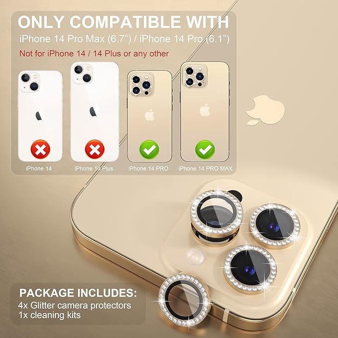 Choiche Compatible for iPhone 14 Pro/iPhone 14 Pro Max Camera Lens Protector Bling, 9H Tempered Glass Camera Cover Screen Protector Metal Ring Decoration Accessories (Diamond-Gold)
