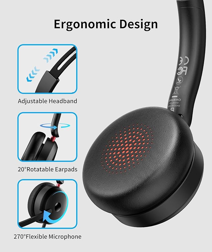 USB-C/USB-A/3.5mm Wired Headset with Noise Cancelling Microphone | On-Ear Office Headphones for PC/Laptop | Line control & All-Day Comfort for Call Center, Video Conferencing, Remote Work,Online Class