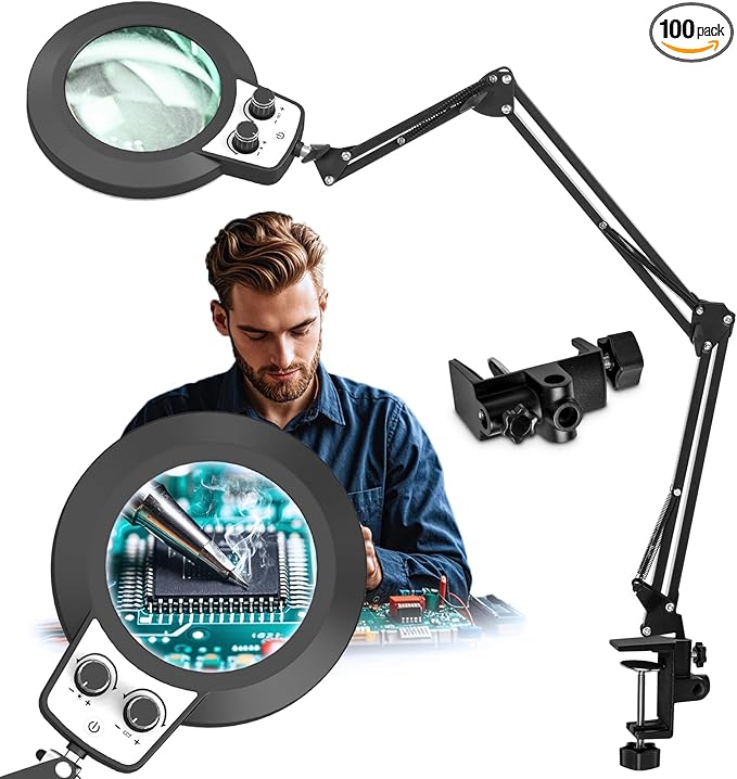 HITTI 12X Extra Long Magnifying Glass with Light, Upgrade Infinite Color and Brightness LED Desk Lamp with Clamp, Hands Free 3 Section Magnifier Light and Stand for Workbench Crafts Reading Painting