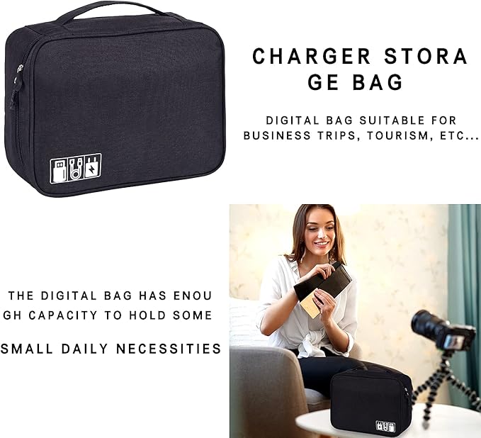 Electronic Accessories Organizer, Portable Travel Cable Storage Bag Tech Pouch with Adjustable Compartments Water-Resistant Handbag for Smart Device Cords Chargers Hard Drives Gadgets