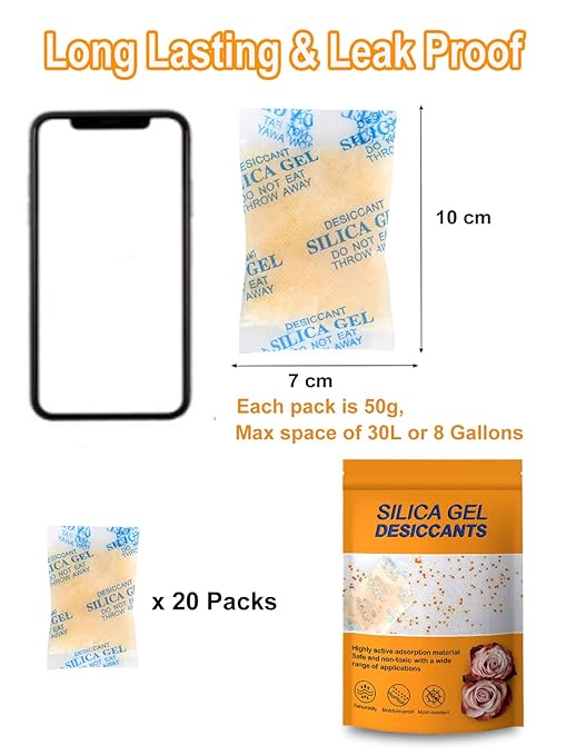 20 Pcs 50 Gram Silica Gel Packets, Fast Drying & Reusable Desiccant Packs, Non-Toxic Moisture Absorber for Food Storage, Electronics, Closet, 3D Printer, Books & Precision Instruments