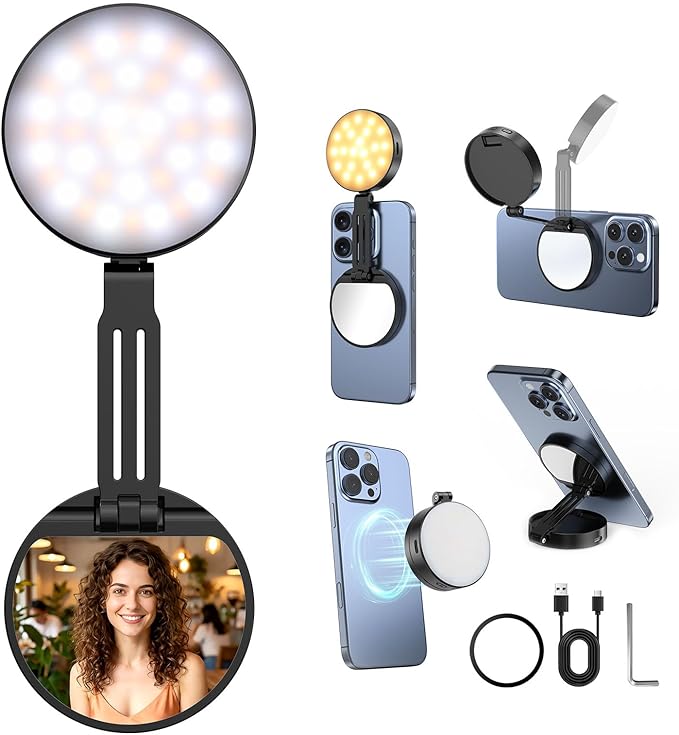 Magnetic Selfie Light Portable Fill Light Compatible with iPhone Magsafe, 5 LED Modes CRI95+ Phone Ring Light with Mirror Rechargeable Selfie Light for Photography Video Conference Makeup