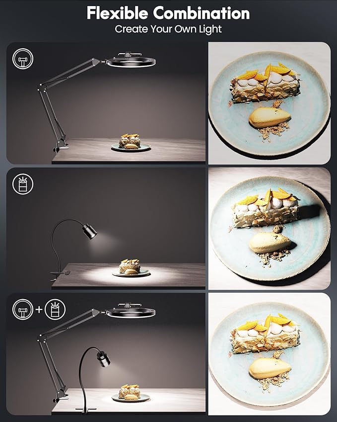 Ring Light with Stand Overhead Phone Mount for Desk & Zoomable Spotlight, 2-in-1 Lighting Kit with Ring Light Tripod for iPhone, 30+ Lighting Modes, Ideal for Video Recording,Cooking,Content Creation