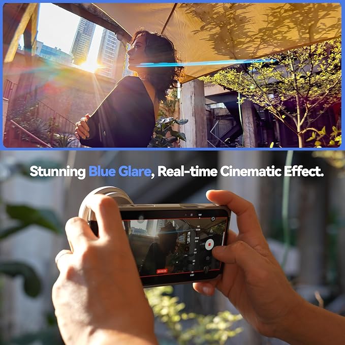 1.55x Anamorphic Lens Compatible with T Mount iPhone & Samsung - Cinematic Smartphone Lens with Ultra-Wide View, with APP Image Correction, Sci-Fi Blue Flare, and Enhanced Video Quality