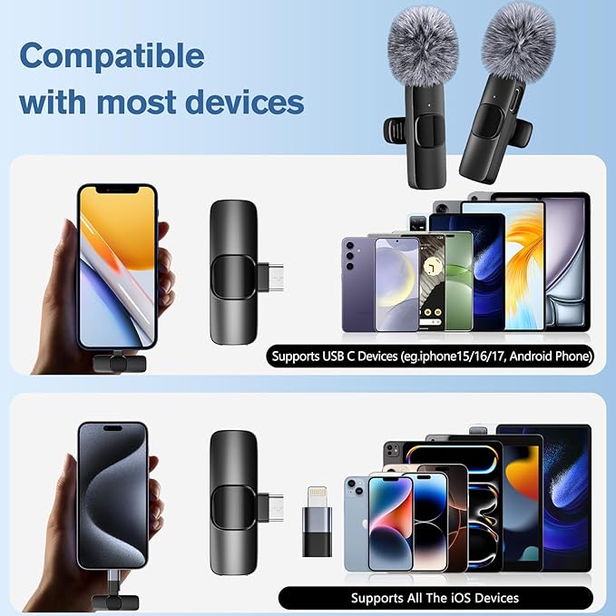 Professional Wireless Microphone for iPhone,iPad,Android, Lavalier Lapel Mic for Video Recording, Mini Mic Crystal Clear Recording with USB-C for Content Creators Vlog YouTube Tiktok Podcast Interview