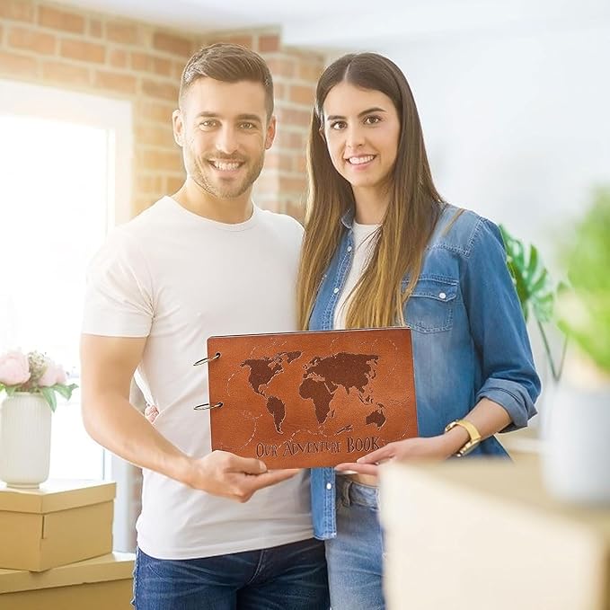 Adventure Book 3D Wooden Cover Scrapbook Photo Album 11.92 x 7.62"Timeless Memory Journal for Unforgettable Adventures&Precious Moments-Ideal for Anniversaries,Travel & Couple Gifts (3D Map Style)