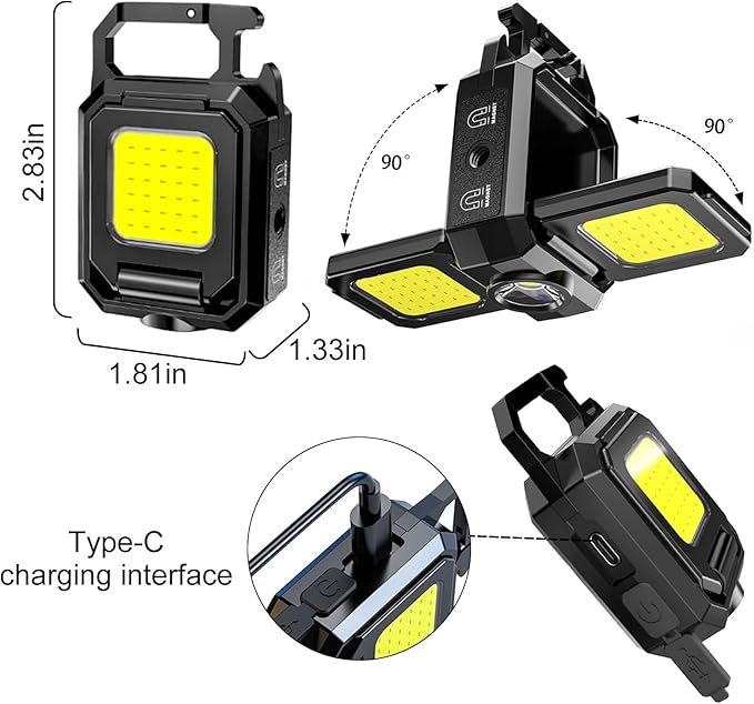 SEFONE Upgrade 2Pcs Cob Keychain Work Light 5 Modes, 90° Foldable Lamp, 1000 Lumens Rechargeable Mini Flashlight with Bottle Opener Magnet for Outdoor Camping Fishing Hiking, Gifts to My Man