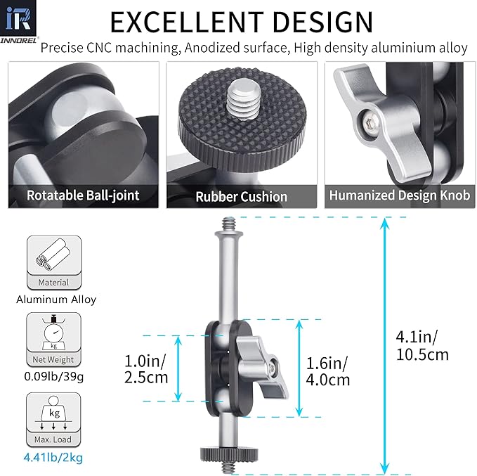 INNOREL ME-1 Universal Magic Arm with Dual Ball Head for Tripod Cellphone Holder Articulating Magic Arm with 1/4" Screw on Both Ends for LED Light/LCD Monitor/Microphone/Phone Clip Load 4.4lb/2kg