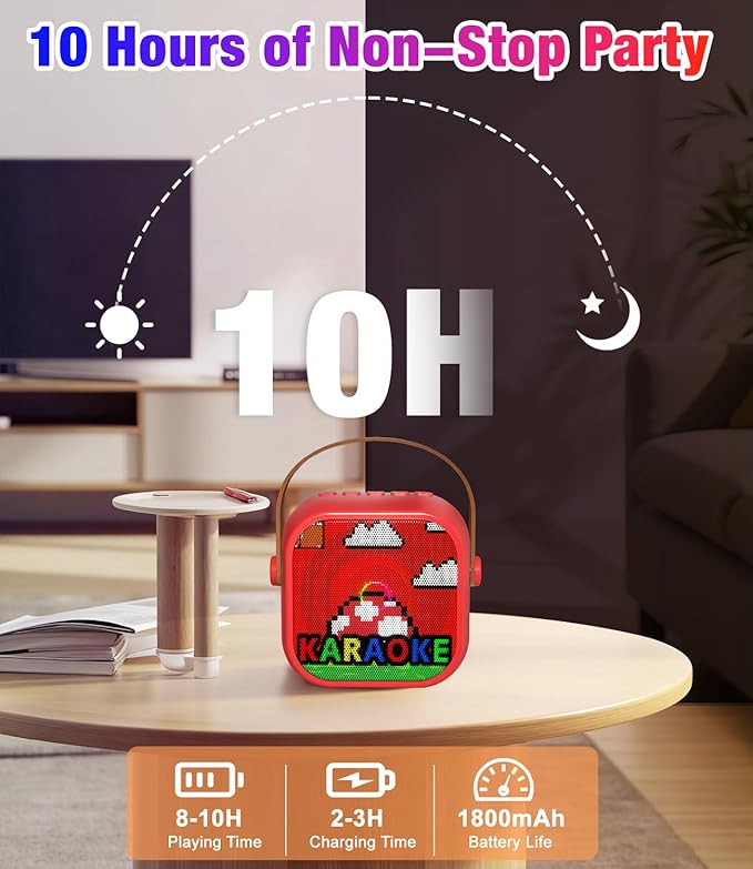 Mini Karaoke Machine, Portable Bluetooth Speaker with 2 Wireless Microphones for Kids & Adults, Karaoke Microphone with LED Lights, Gifts for Girls & Boys_Red