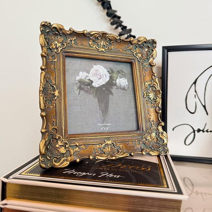 CISOO 4x4 Vintage Small Picture Frame, Antique Ornate Bronze Gold Square Photo Frame, for Table Top and Wall Display, Decorative Floral Design Retro Home Decor, Photo Gallery Art
