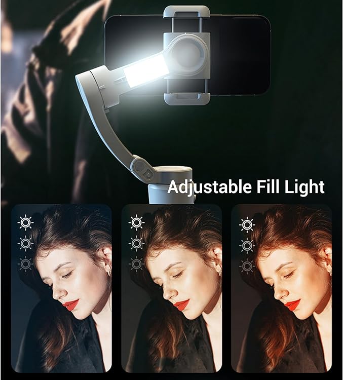 PUSOKEI 3-Axis Phone Gimbal Stabilizer with AI Tracking & Fill Light, Foldable Handheld for Vlog Video Recording, 8-Hour Battery, Compatible with Smartphones