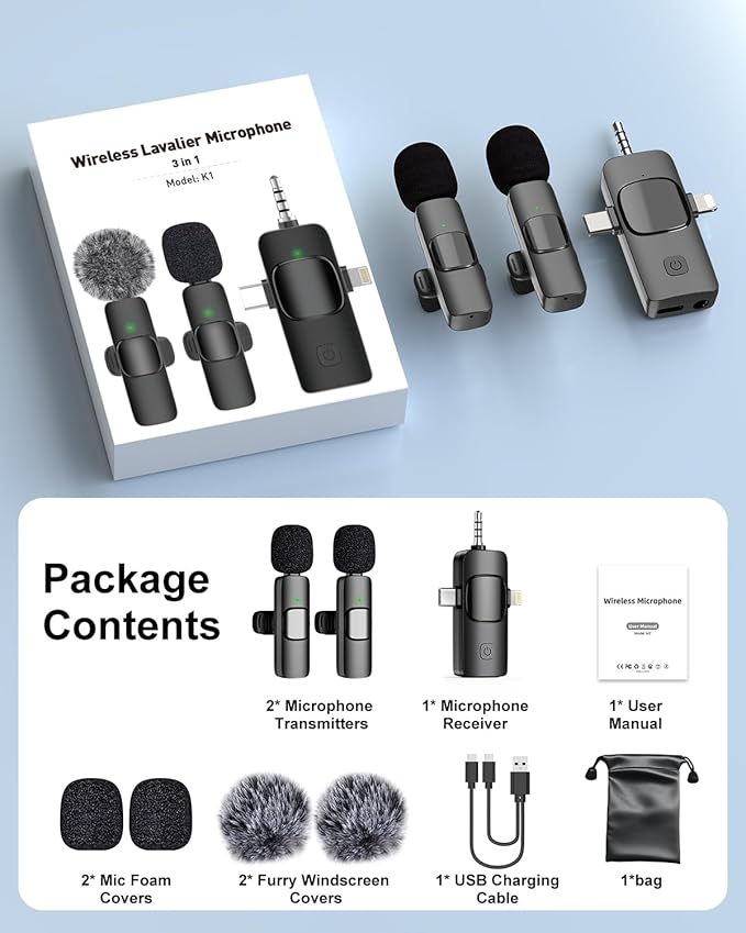 PoP voice 3 in 1 Professional Wireless Lavalier Microphone for iPhone, Android, Camera,Mini Microphone, Lapel Mic with Noise Reduction, Crystal Clear Sound for Recording, YouTube, Podcast, Vlogging