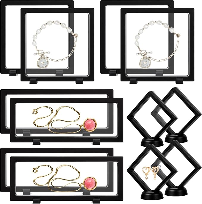 12 Pcs 3D Floating Display Case, 3 Sizes Black Challenge Coin Display Stand Rectangle Clear PE Film Jewelry Frame Holder Stands with Base for Jewelry, Specimen, Rock, Gem, Coin
