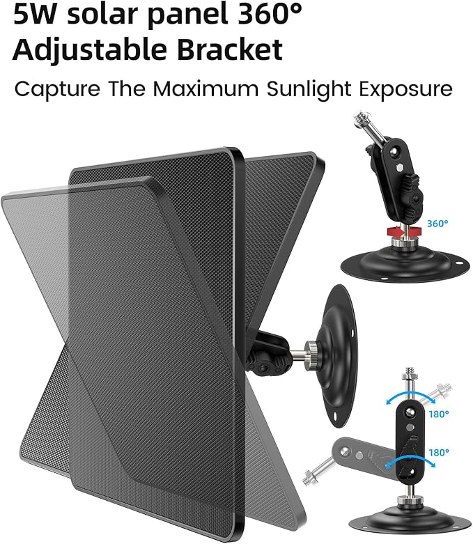 KJK 6W Solar Panels for Security Camera, Solar Battery Charger with Micro USB & USB-C Port for DC 5V Outdoor Rechargeable for Ring Camera, IP66 Waterproof, 360° Adjustable Security Mount