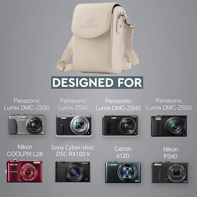 MegaGear Leather Camera Case with Strap compatible with Sony Cyber-shot DSC-RX100 V, Panasonic Lumix DMC-ZS45, DMC-ZS50, Nikon Coolpix P340, Canon PowerShot S120, Nikon Coolpix L28, White (MG1417)