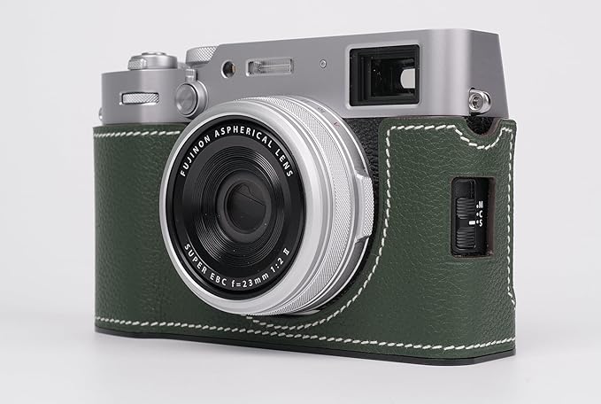 Uchandmade Handmade Genuine Leather Camera Half Case for Fujifilm X100VI - Top Layer Cowhide Body + Metal Base Plate - Hand Shank Free Design (Green)