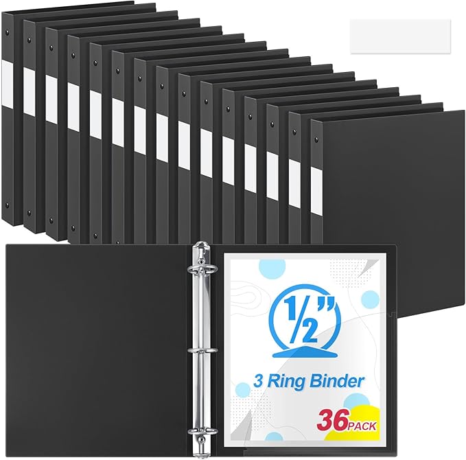 Henoyso 36 Pcs 3 Ring Binder 1/2'' Round Fits Letter Size 8.5'' x 11'' Paper Plastic Flexible Binder Holds 140 Sheets with 1 Pockets Versatile Organizer for Home Office School (Black)