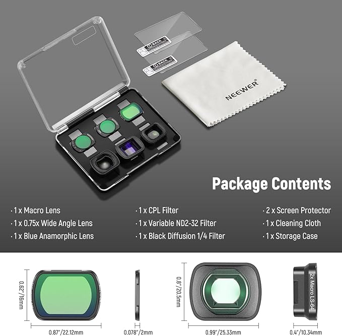 NEEWER 3 Pack ND Filter Set (Variable ND2-32, CPL, 1/4 Black Diffusion) & 0.75X Wide Angle Lens, 2X Macro Lens, 1.2X Blue Anamorphic Lens, Screen Protectors Compatible with DJI Osmo Pocket 3, FL-B28