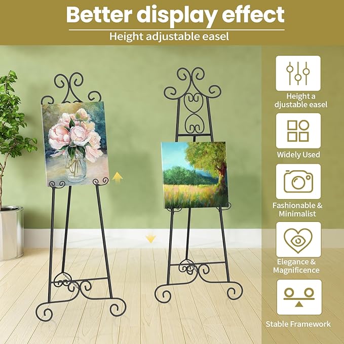 Easel Stand for Sign, Black Vintage Decorative Adjustable Floor Metal Display Easel with Chain Support for Wedding Signs, Art, Posters, Pictures, Welcome Signs, Suitable for Home, Parties, Galleries