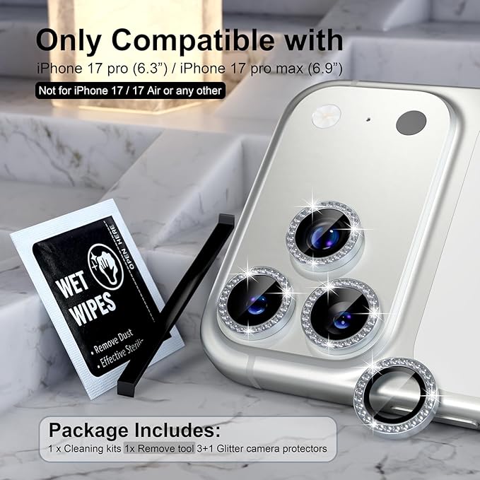 Choiche Compatible for iPhone 17 Pro/iPhone 17 Pro Max Camera Lens Protector Bling, 9H Tempered Glass Camera Cover Screen Protector Metal Ring Decoration Accessories (Diamond-Silver)
